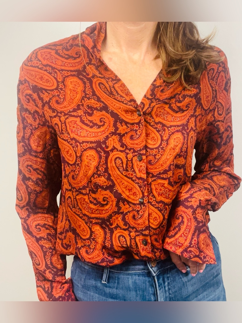 Vintage Eddie Bauer 100% Silk Paisley Blouse – Orange, Red & Brown – Size Large